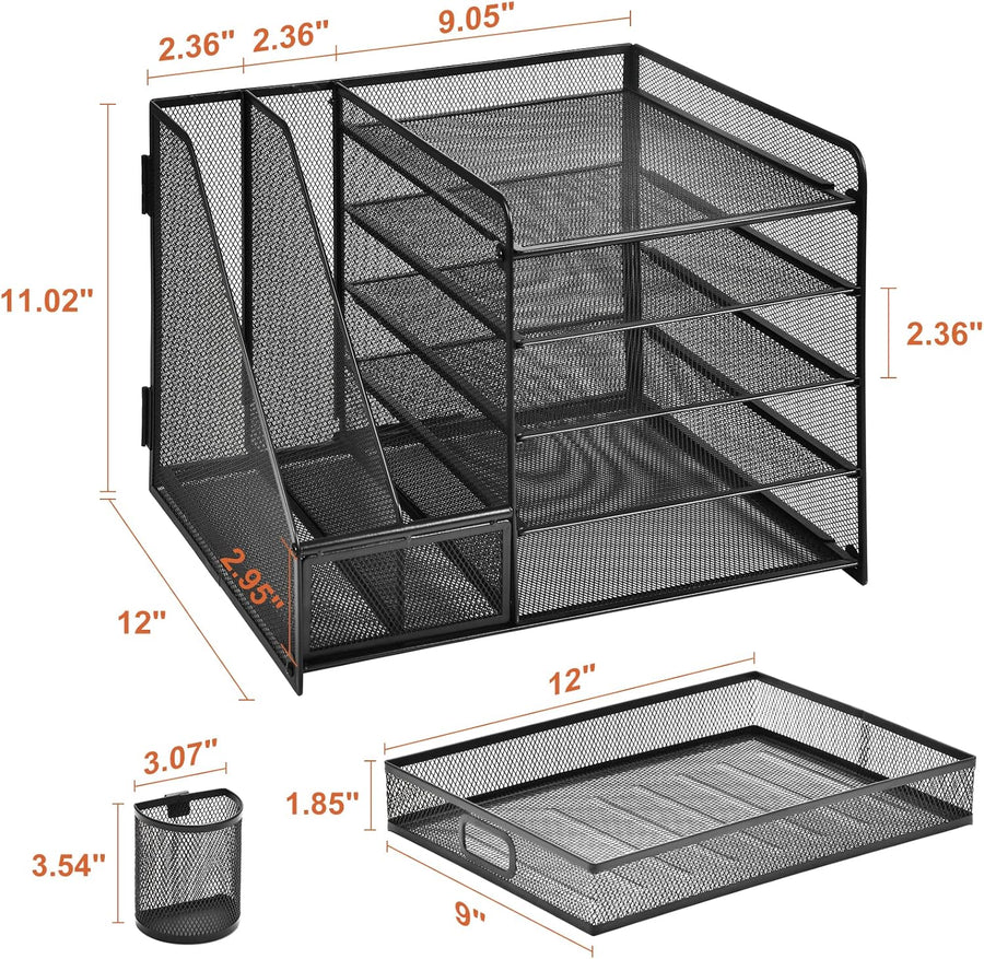 Marbrasse Desk Organizer with File Holder, 5-Tier Paper Letter Tray Organizer with Drawer and 2 Pen Holder, Mesh Desktop Organizer and Storage with Magazine Holder for Office Supplies(Black)