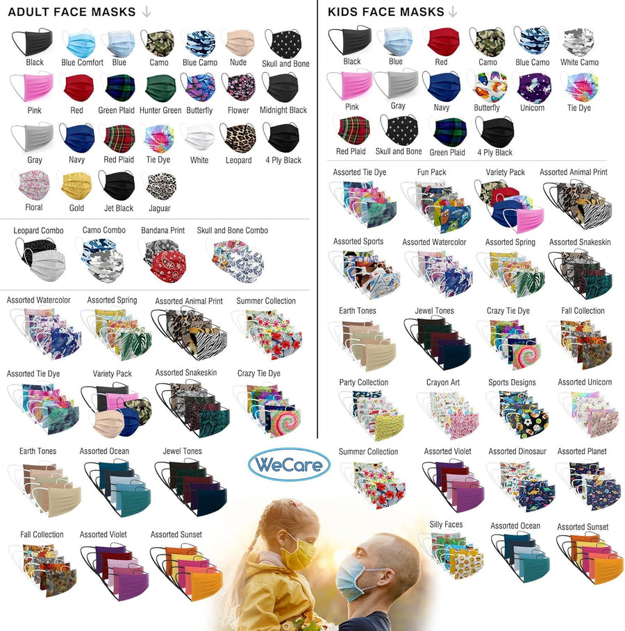 WECARE 3 Ply Disposable Face Mask 50 Pack Individually Wrapped Printed Masks
