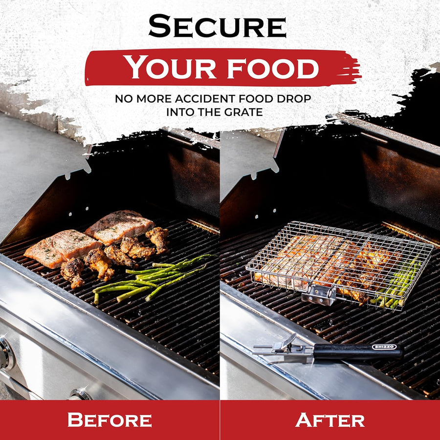 SHIZZO Grill Basket Set, Barbecue BBQ Grilling, Stainless Steel Folding Portable Outdoor Camping Rack for Fish, Shrimp, Vegetables, Cooking Accessories, Gifts for Dad, husband, Friends