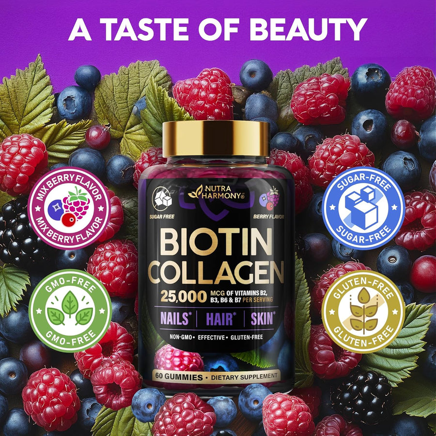 Biotin Gummies with Collagen - Hair Growth Support, Skin, & Nail Strength - for Women & Men - Biotin 10000mcg | Keratin | Hyaluronic Acid | B-Complex | Nettle - Sugar-Free, Mixed Berry, 60 Gummies