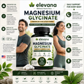 A promotional infographic for Elevana Magnesium Glycinate supplement. The center features a large bottle of the dark green chelated form, surrounded by text detailing its benefits, usage instructions, and features.
