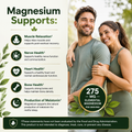 Promotional graphic for a magnesium supplement. The left side features a light beige background with the bold heading 'Magnesium Supports:' and five bullet points detailing benefits like muscle relaxation, nerve health, heart health, bone health, and melatonin production.