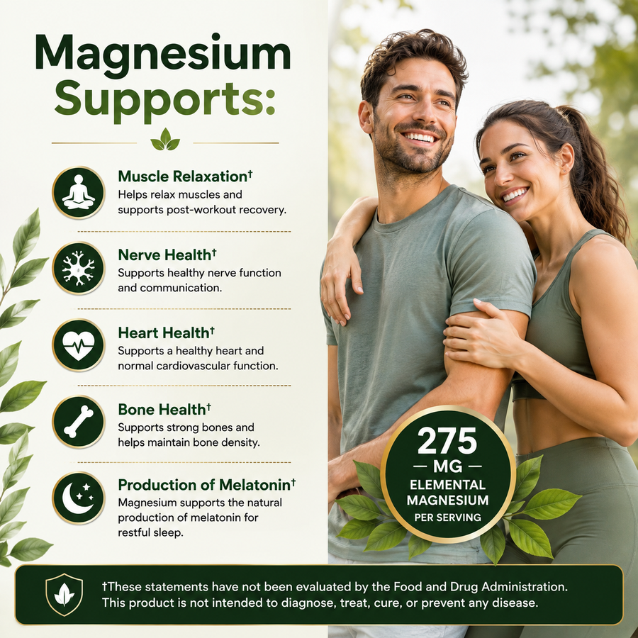 Promotional graphic for a magnesium supplement. The left side features a light beige background with the bold heading 'Magnesium Supports:' and five bullet points detailing benefits like muscle relaxation, nerve health, heart health, bone health, and melatonin production.