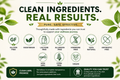 A clean, digital marketing graphic for a wellness product, featuring a series of green circular icons with text such as 'GLUTEN FREE', 'VEGETARIAN', 'LACTOSE FREE', 'ALLERGEN FREE', 'HORMONE FREE', '100% NATURAL', 'ANTIBIOTIC FREE', 'GMO', 'CORN FREE', and 'VEGAN'. The top text reads 'CLEAN INGREDIENTS.