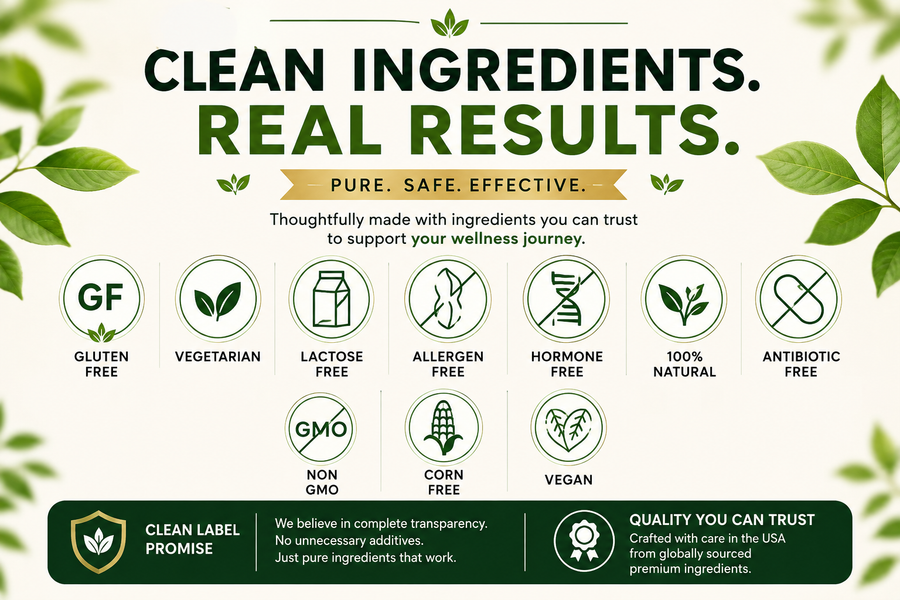 A clean, digital marketing graphic for a wellness product, featuring a series of green circular icons with text such as 'GLUTEN FREE', 'VEGETARIAN', 'LACTOSE FREE', 'ALLERGEN FREE', 'HORMONE FREE', '100% NATURAL', 'ANTIBIOTIC FREE', 'GMO', 'CORN FREE', and 'VEGAN'. The top text reads 'CLEAN INGREDIENTS.