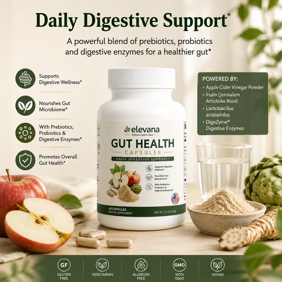 Elevana Gut Health Capsules bottle with ACV, Inulin and DigeZyme ingredients